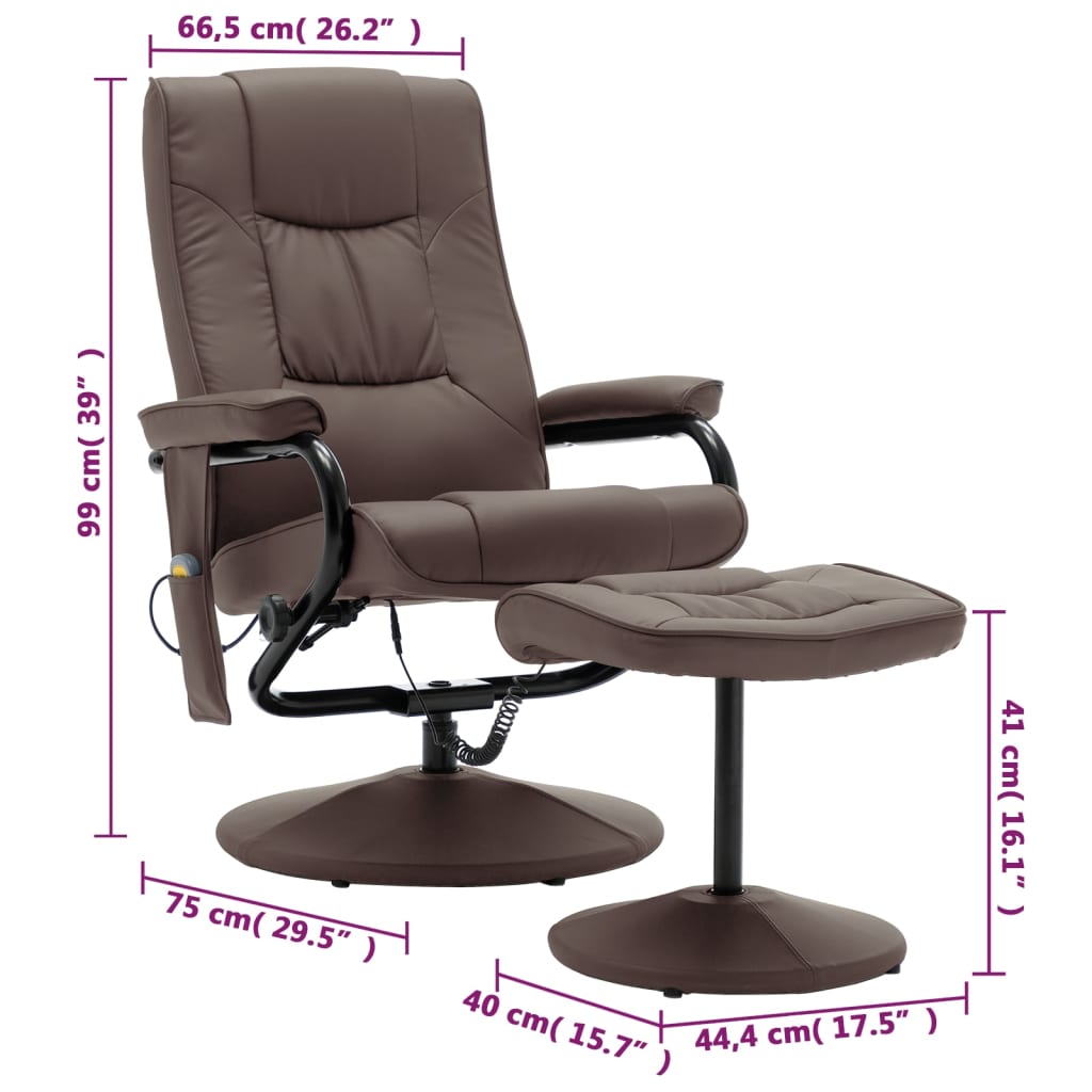 vidaXL Cadeira de massagens c/ apoio de pés couro artificial castanho