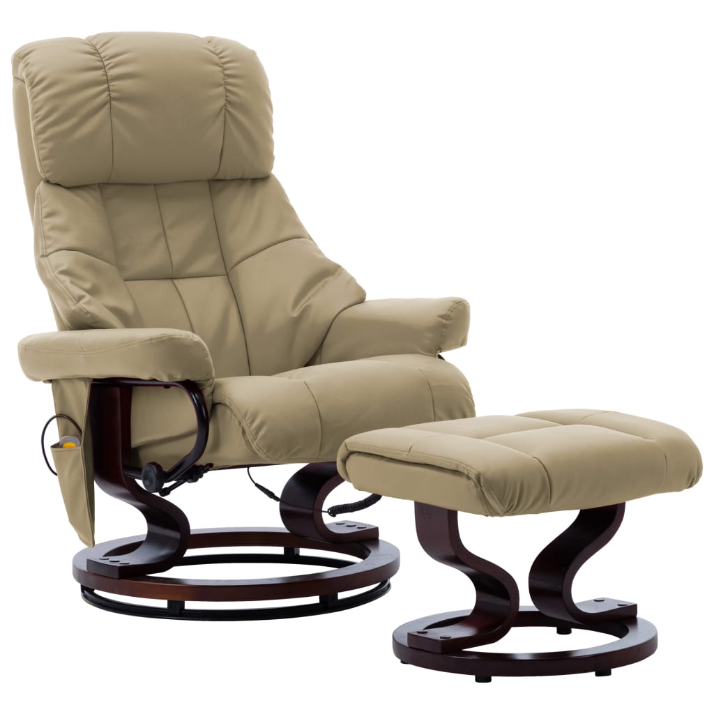 vidaXL Poltrona reclin. massagens couro artif/madeira curva cappuccino