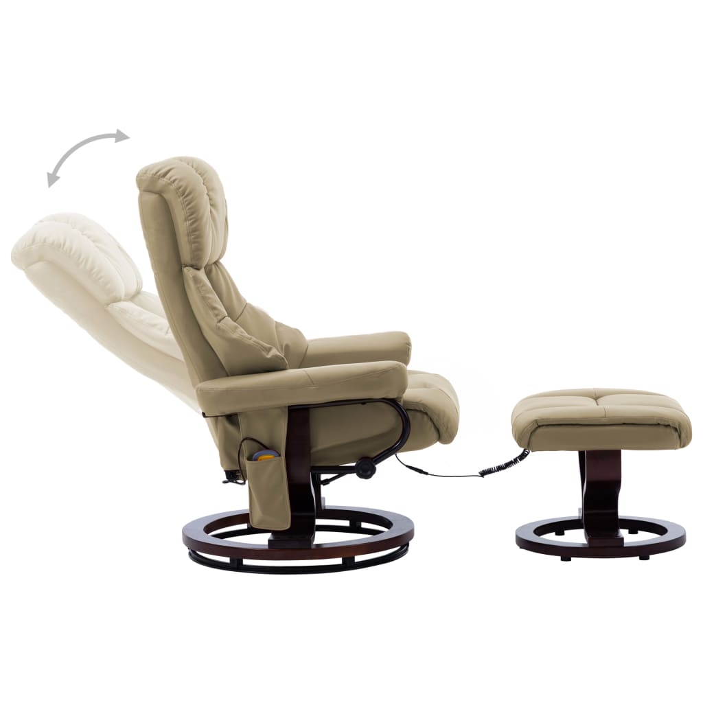 vidaXL Poltrona reclin. massagens couro artif/madeira curva cappuccino