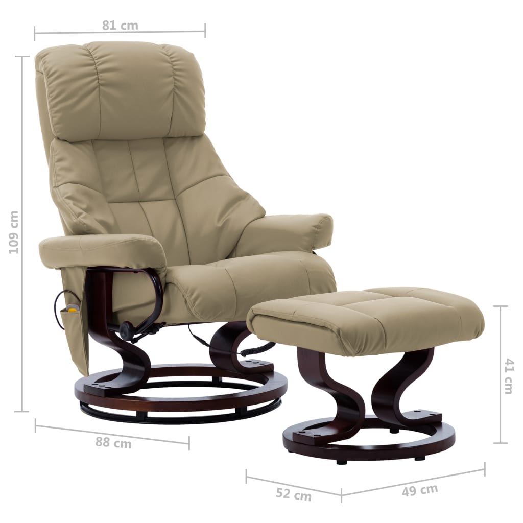 vidaXL Poltrona reclin. massagens couro artif/madeira curva cappuccino