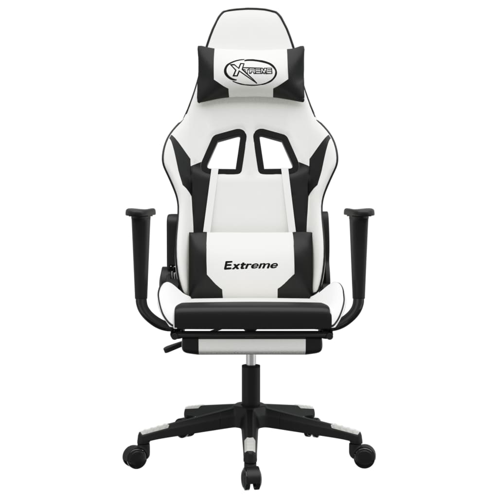 vidaXL Cadeira gaming c/ apoio p/ pés couro artificial preto e branco