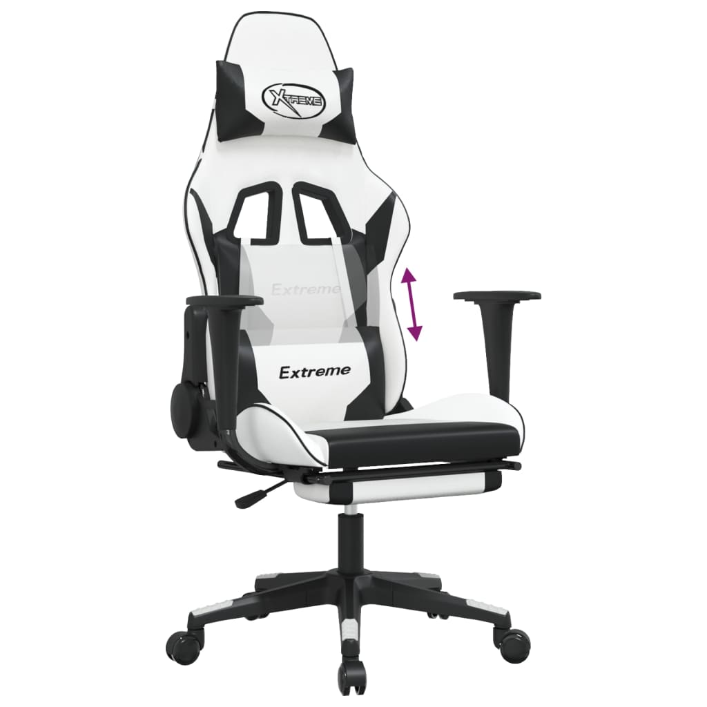 vidaXL Cadeira gaming c/ apoio p/ pés couro artificial preto e branco