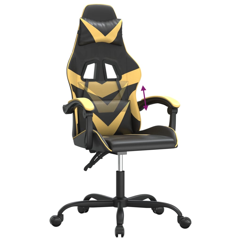 vidaXL Cadeira gaming couro artificial preto e dourado