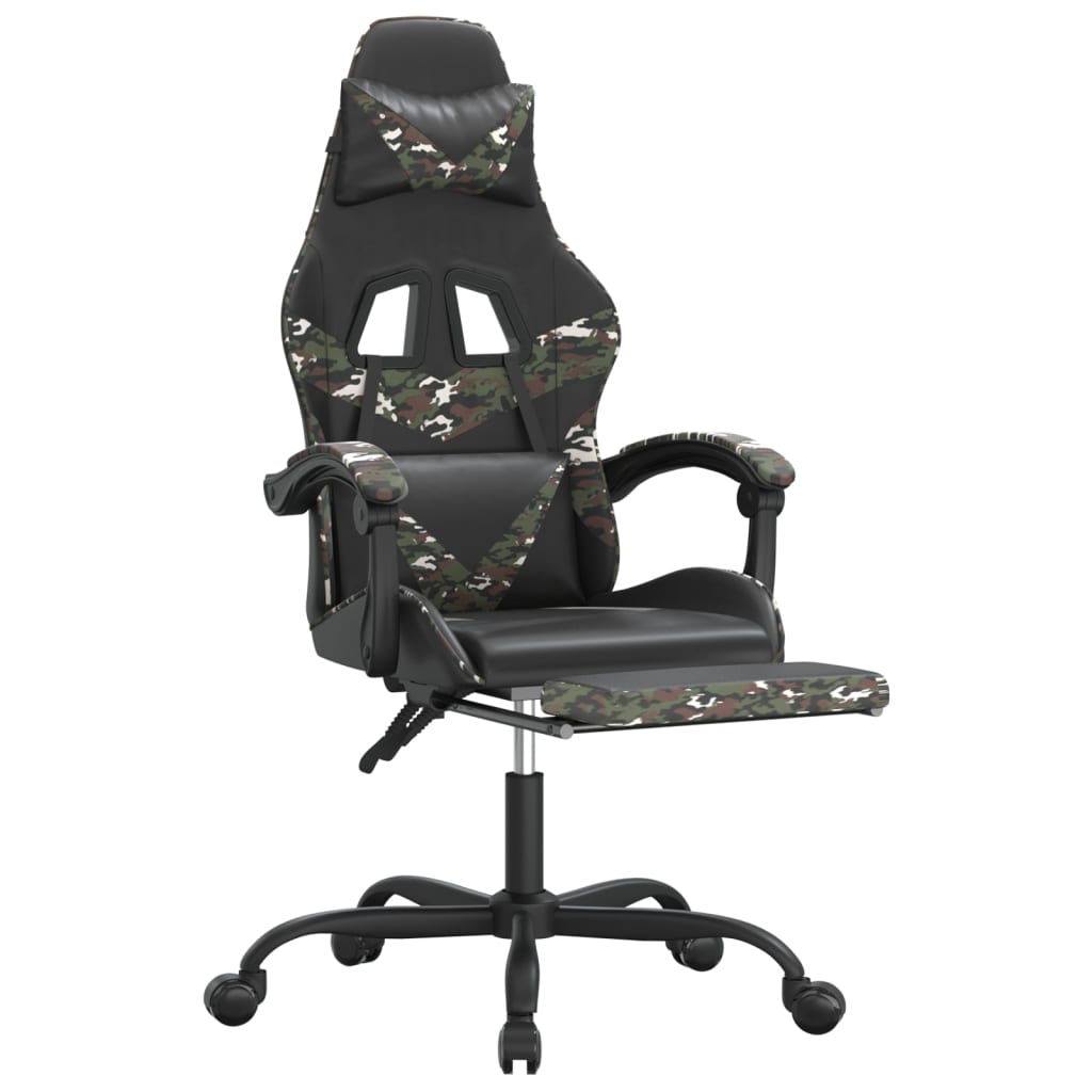 vidaXL Cadeira gaming giratória + apoio pés couro art. preto/camuflado