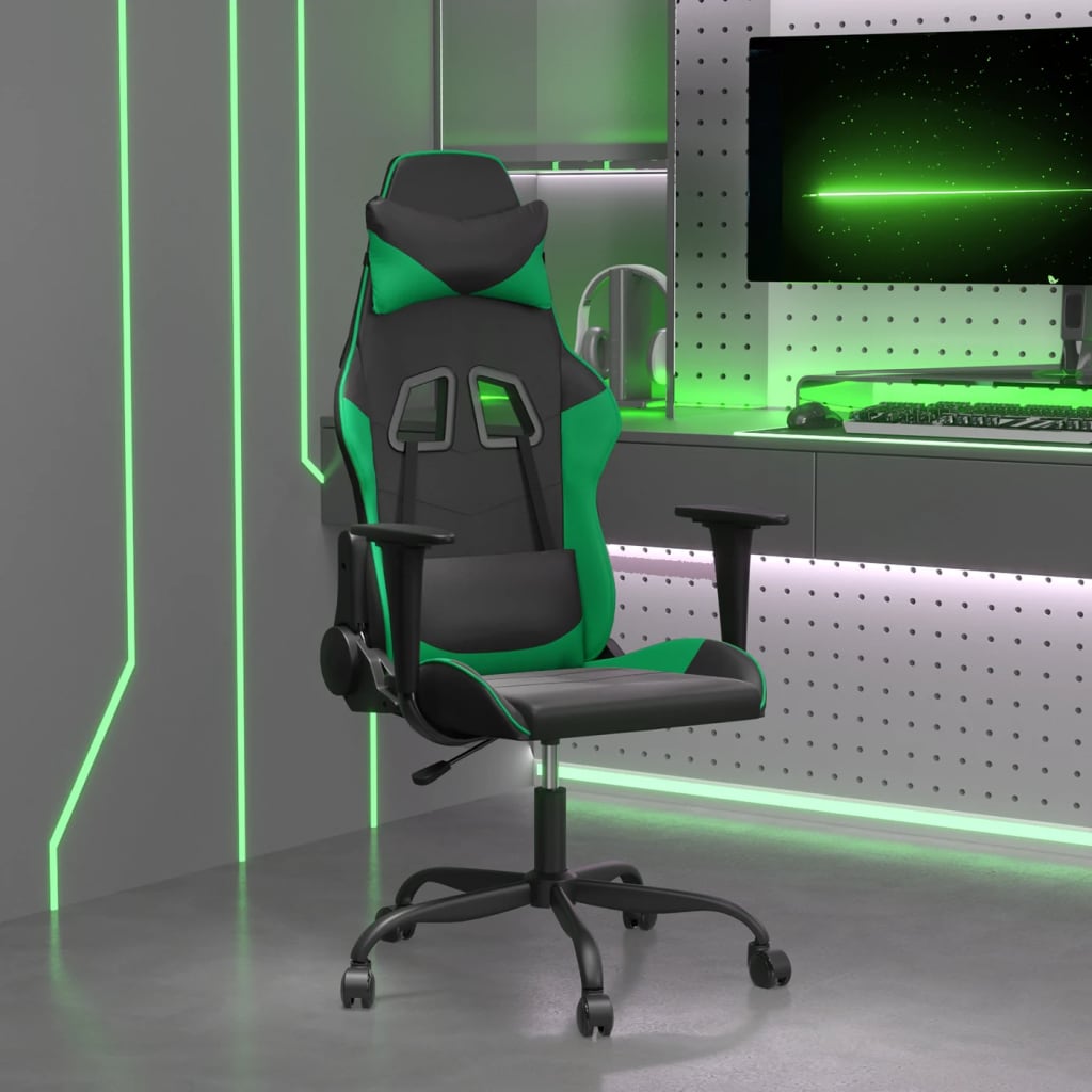 vidaXL Cadeira gaming massagens couro artificial preto e verde