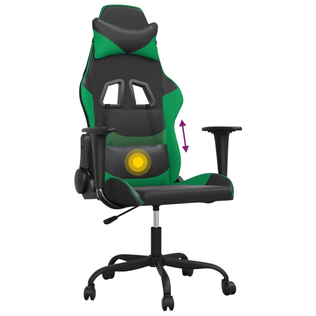 vidaXL Cadeira gaming massagens couro artificial preto e verde