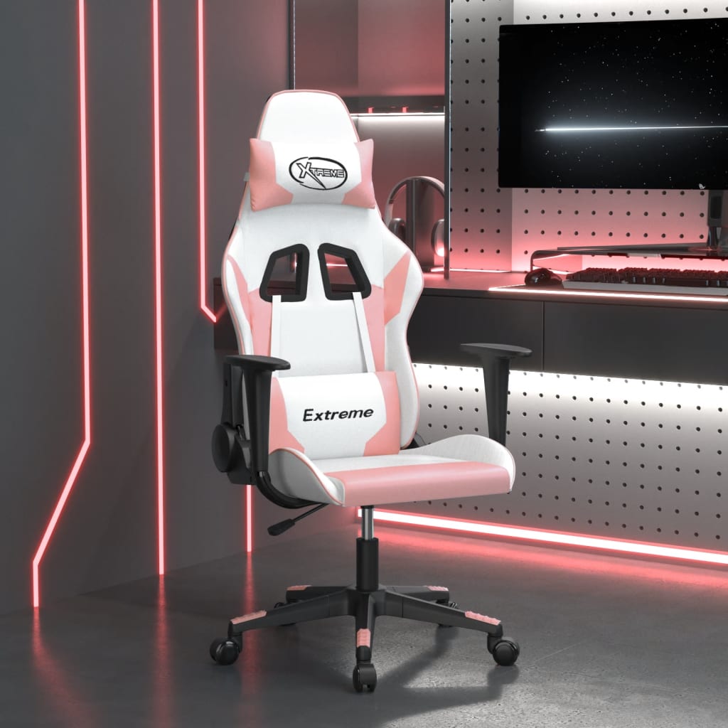 vidaXL Cadeira gaming massagens couro artificial branco e rosa