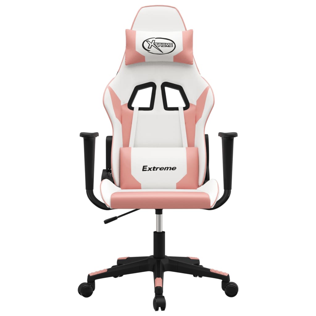 vidaXL Cadeira gaming massagens couro artificial branco e rosa