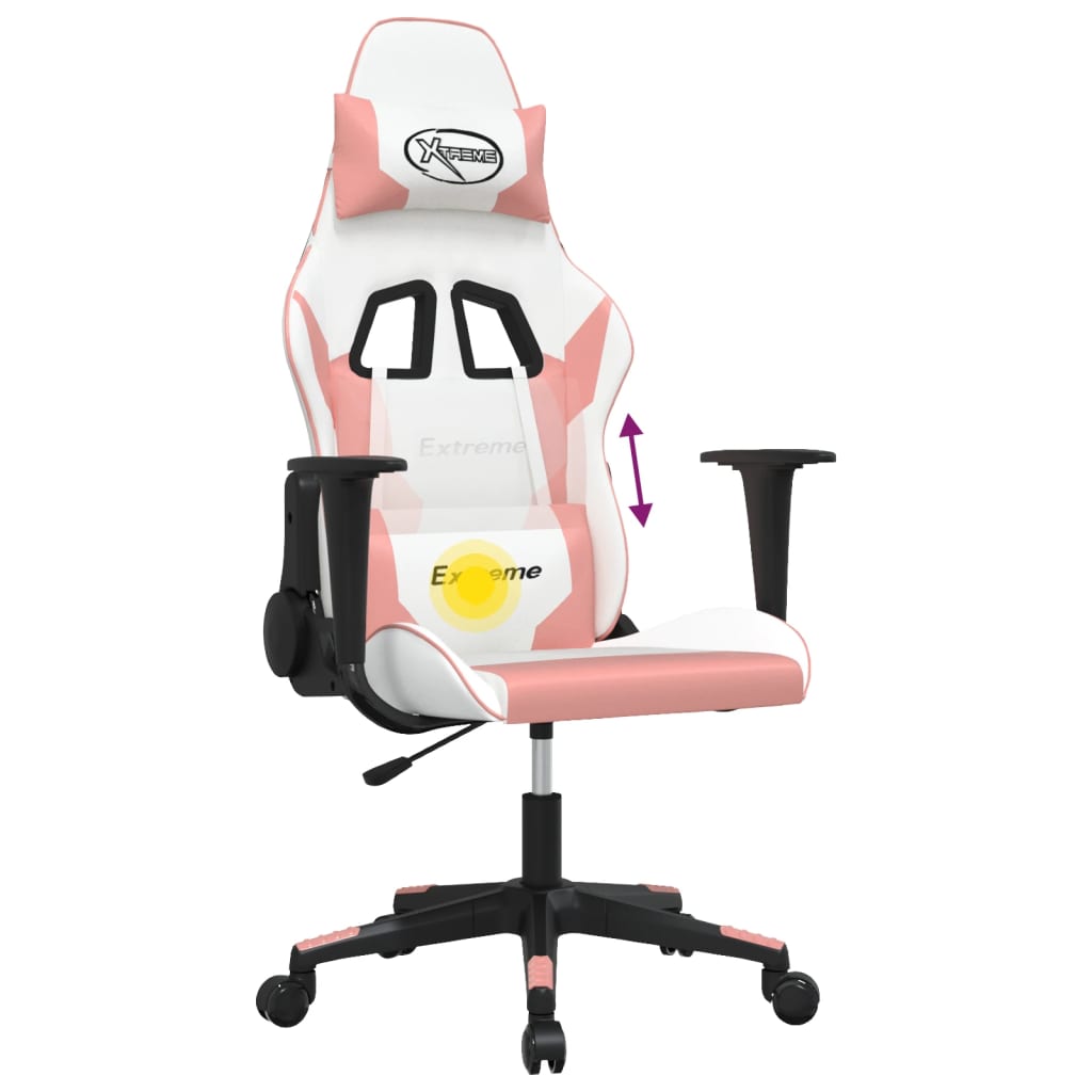 vidaXL Cadeira gaming massagens couro artificial branco e rosa