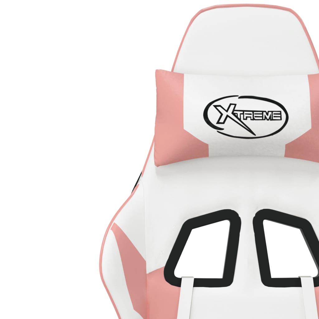 vidaXL Cadeira gaming massagens couro artificial branco e rosa