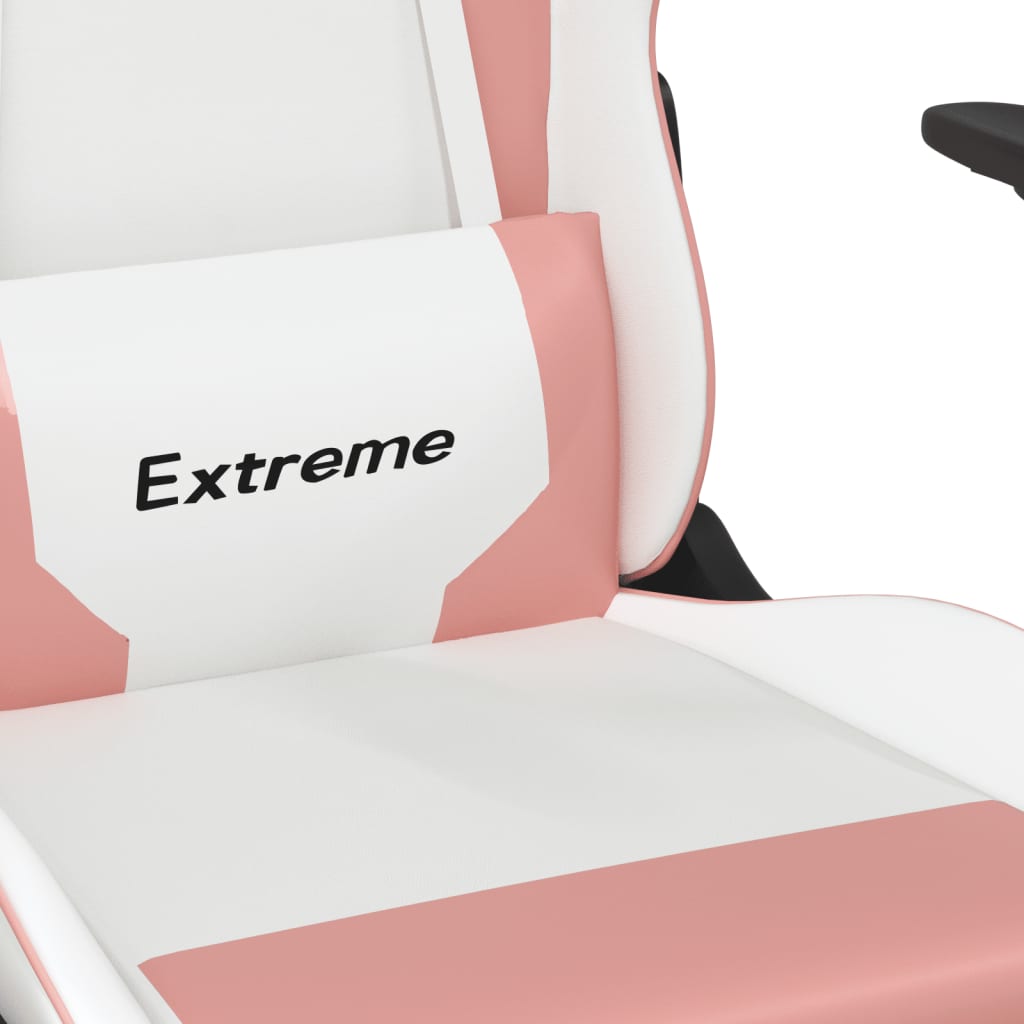 vidaXL Cadeira gaming massagens couro artificial branco e rosa