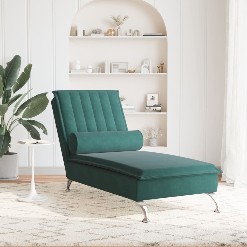 vidaXL Chaise lounge de massagem com rolo tecido verde-escuro