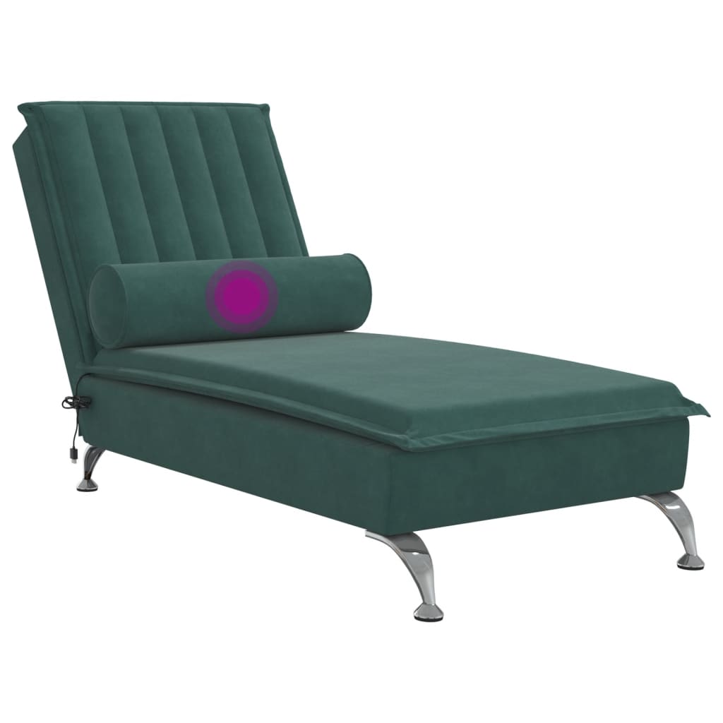 vidaXL Chaise lounge de massagem com rolo tecido verde-escuro