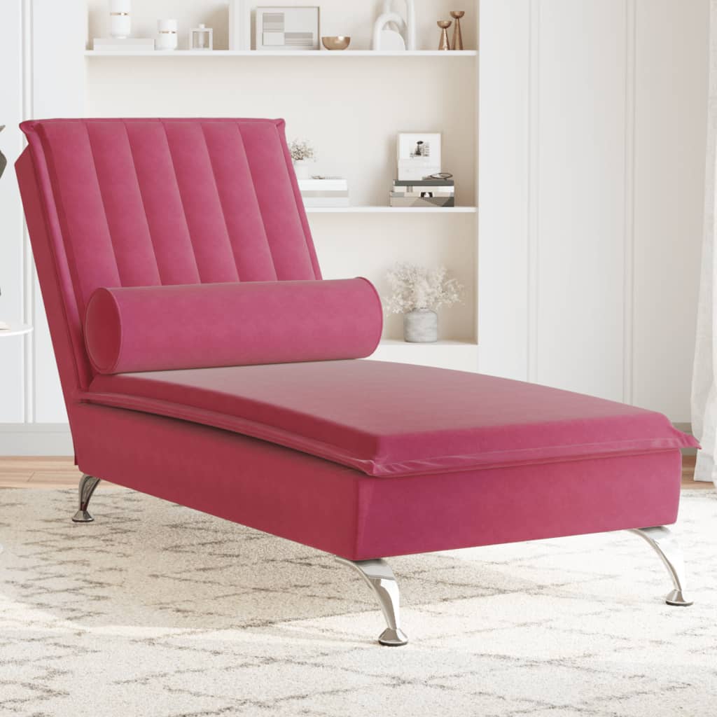 vidaXL Chaise lounge de massagem com rolo veludo vermelho tinto