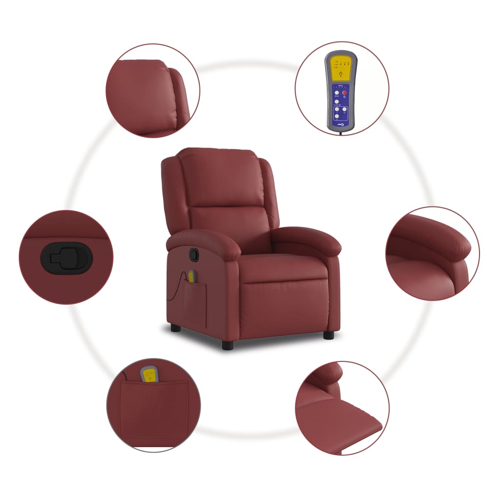 vidaXL Poltrona massagens reclinável couro artificial vermelho tinto