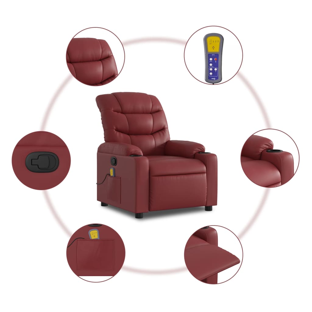 vidaXL Poltrona massagens reclinável couro artificial vermelho tinto