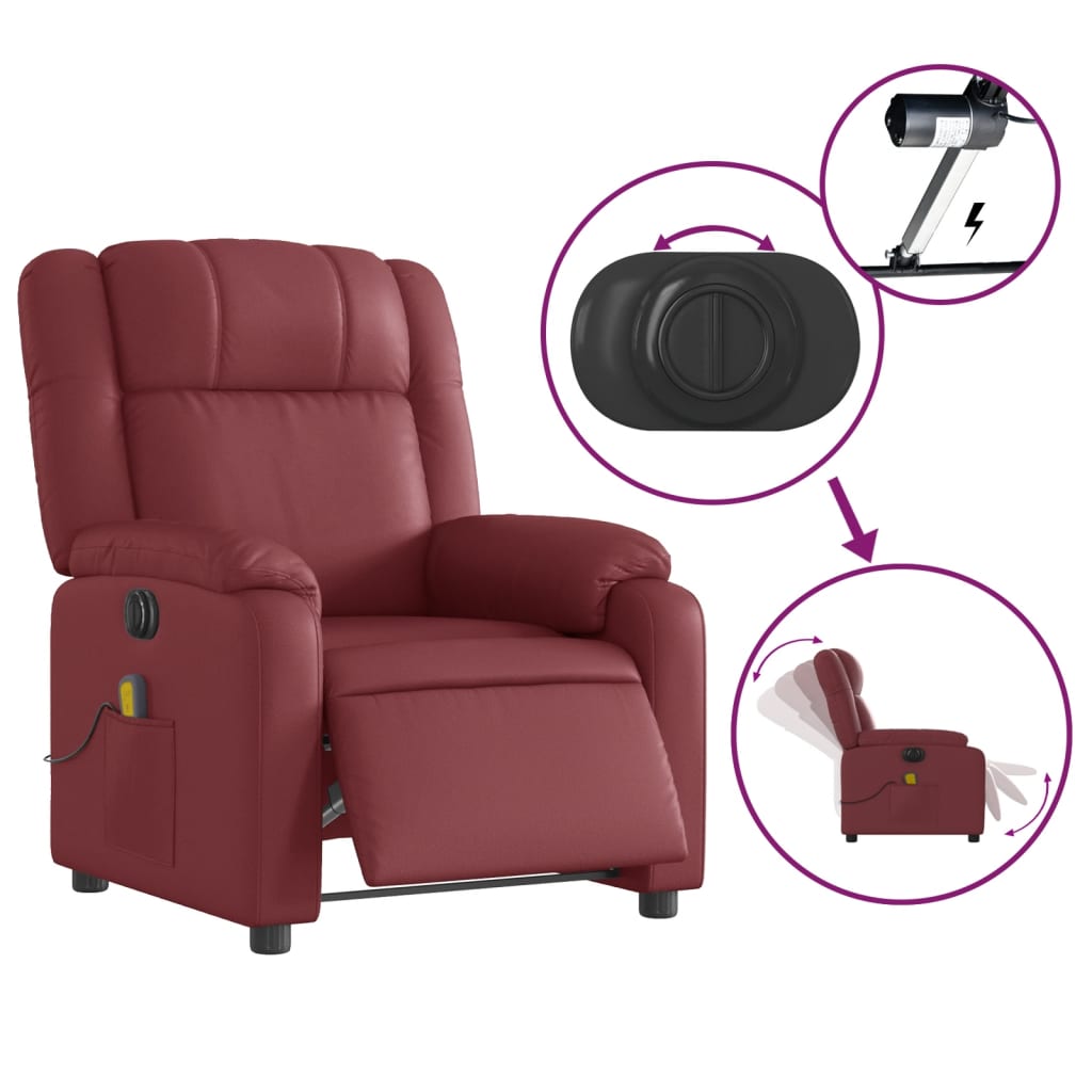 vidaXL Poltrona massagens reclin. elétrica couro artif. vermelho-tinto