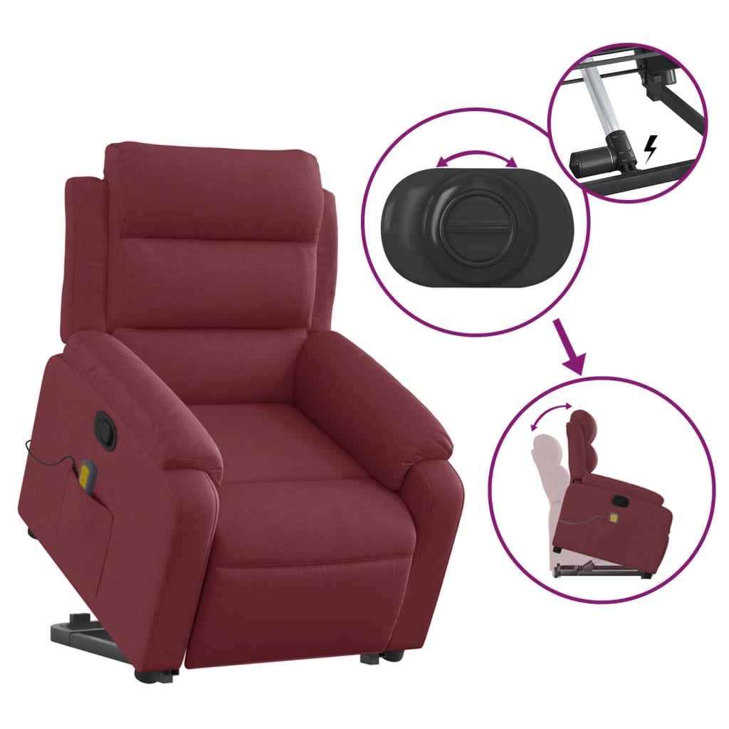 vidaXL Poltrona de massagens reclin. elevatória tecido vermelho tinto