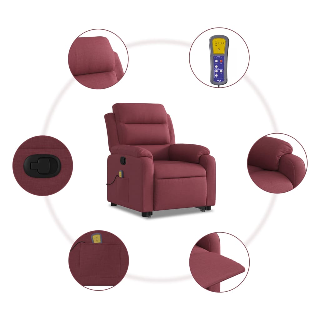 vidaXL Poltrona de massagens reclin. elevatória tecido vermelho tinto