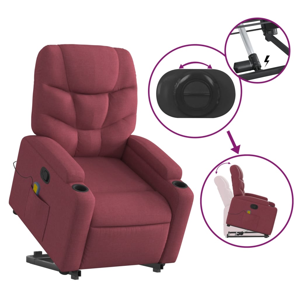 vidaXL Poltrona de massagens reclin. elevatória tecido vermelho tinto