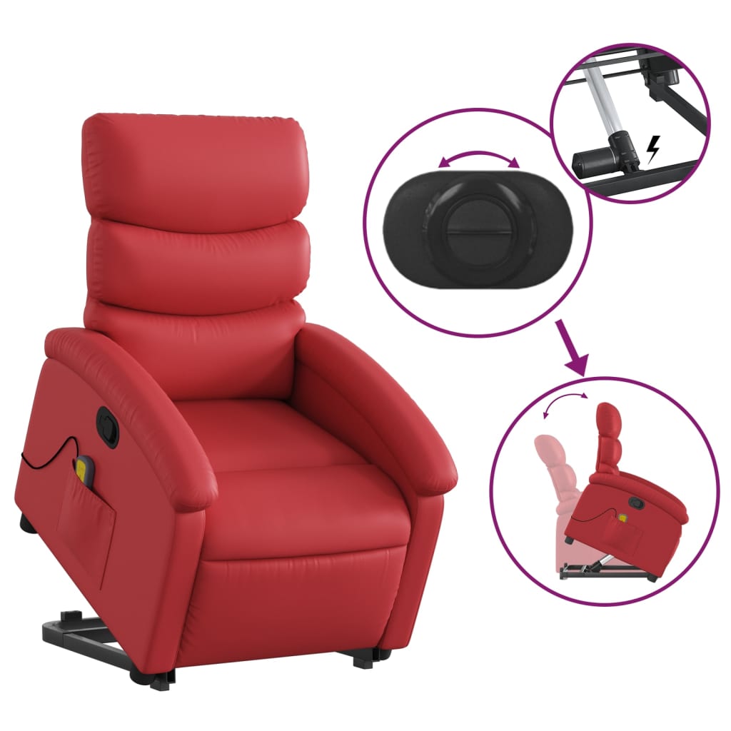 vidaXL Poltrona massagens reclinável elevatória couro artif. vermelho