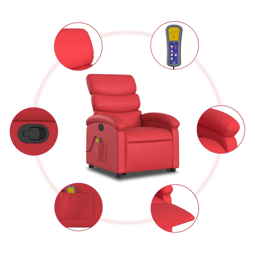 vidaXL Poltrona massagens reclinável elevatória couro artif. vermelho