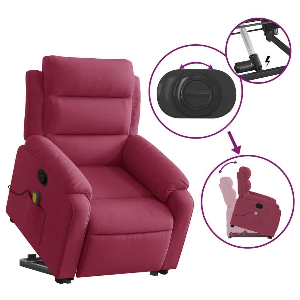 vidaXL Poltrona elevatória de massagens veludo vermelho tinto