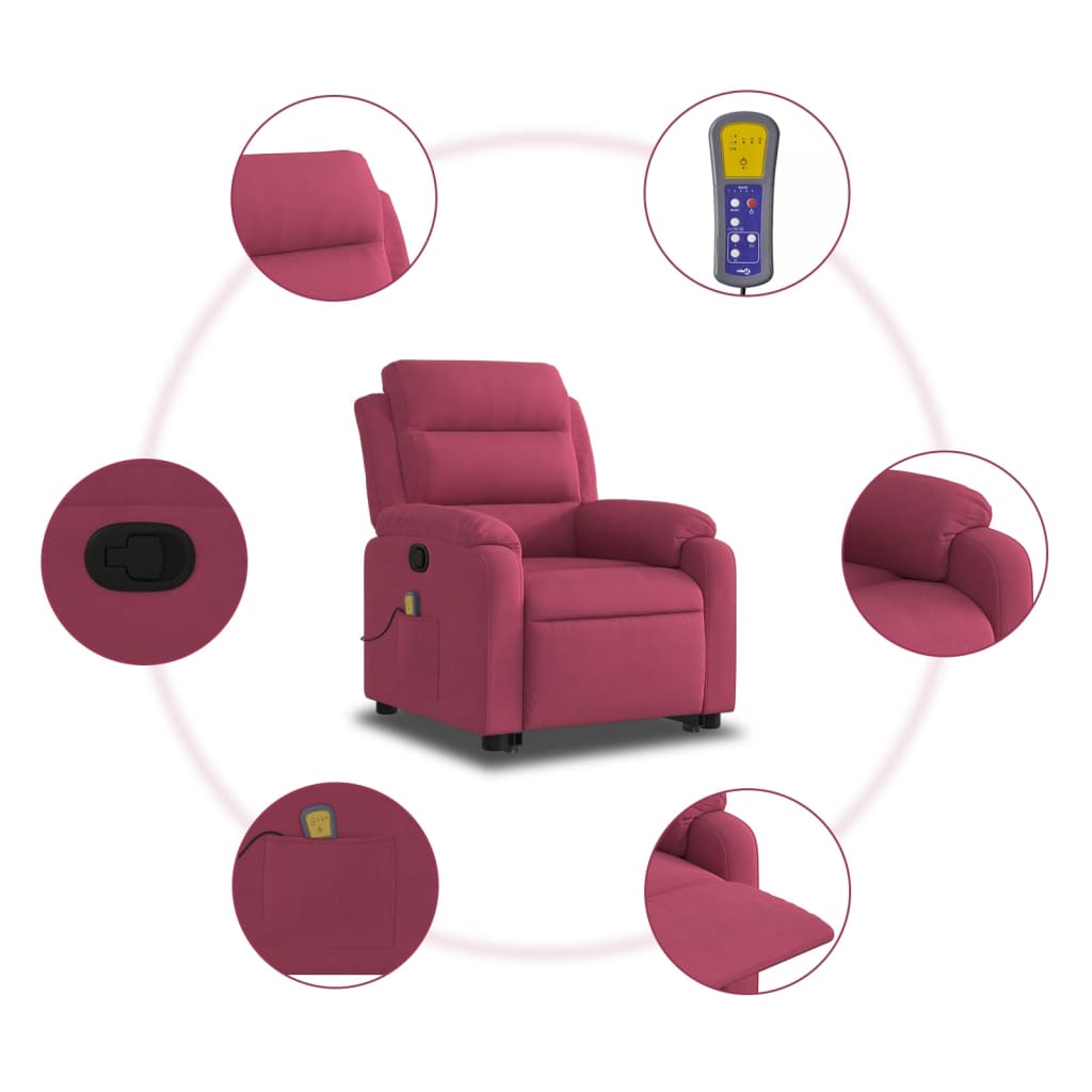 vidaXL Poltrona elevatória de massagens veludo vermelho tinto