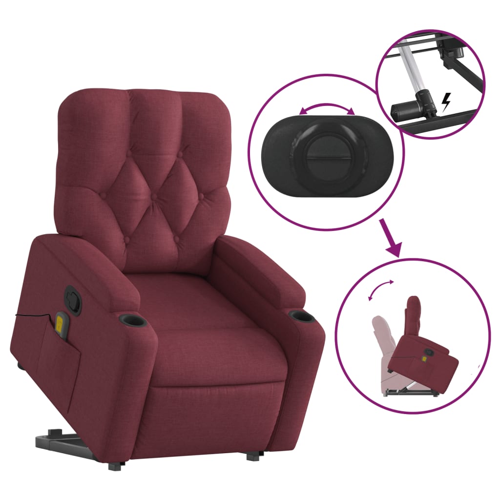 vidaXL Poltrona de massagens reclin. elevatória tecido vermelho tinto