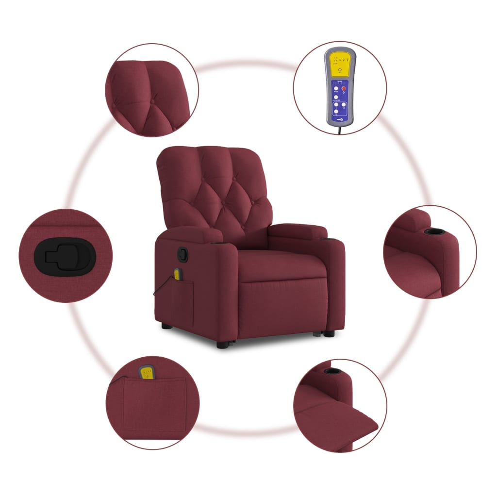 vidaXL Poltrona de massagens reclin. elevatória tecido vermelho tinto