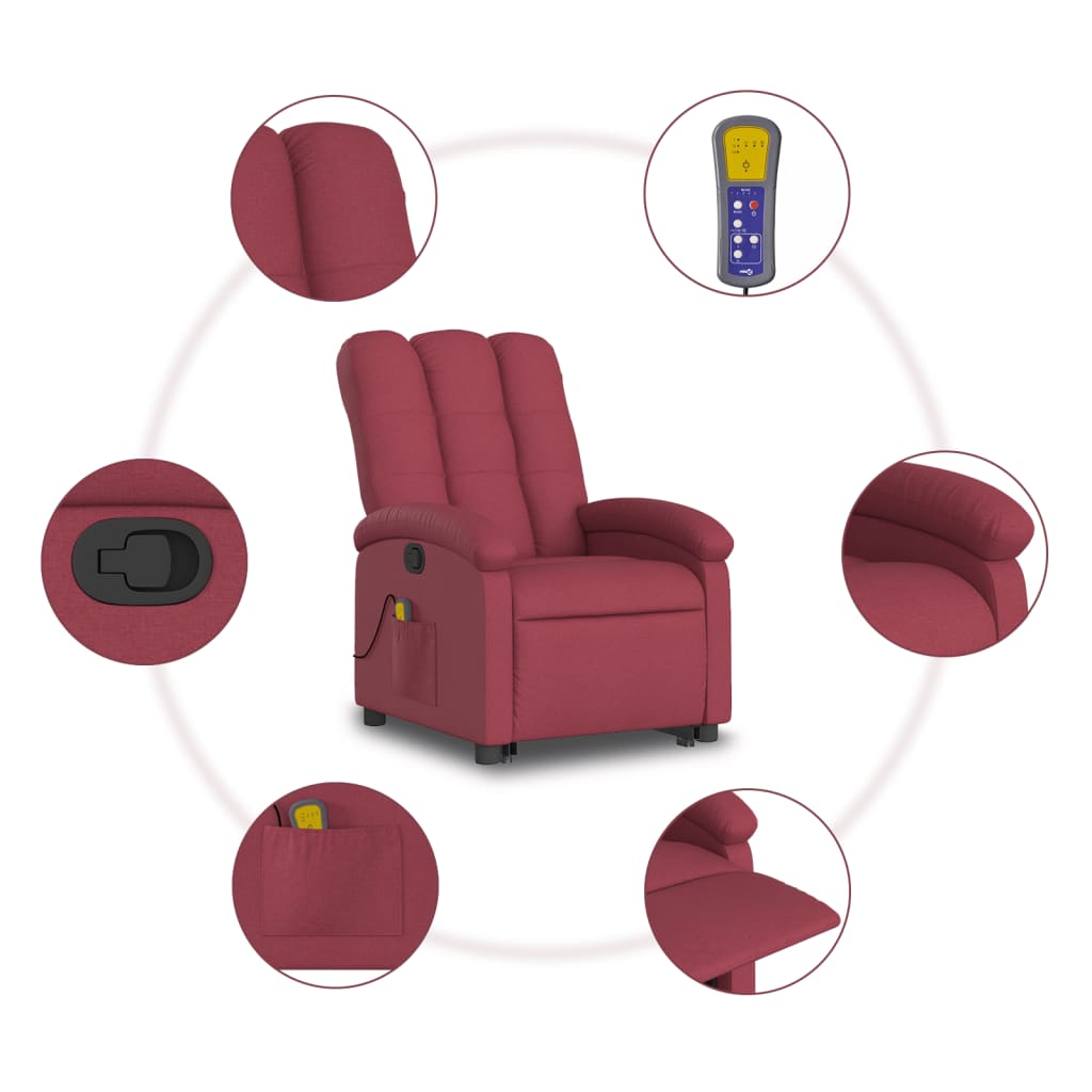 vidaXL Poltrona de massagens reclin. elevatória tecido vermelho tinto