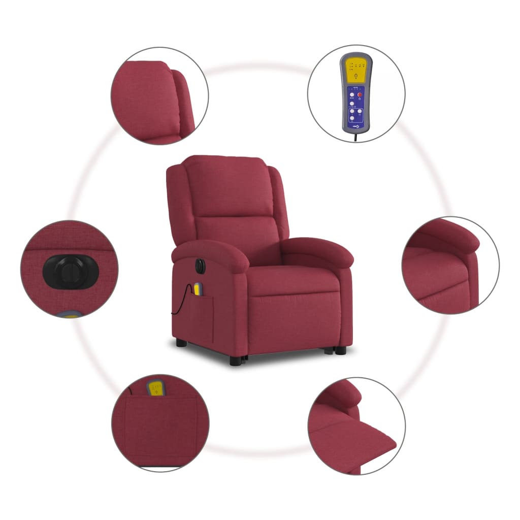 vidaXL Poltrona elevatória de massagens elétrica tecido vermelho tinto