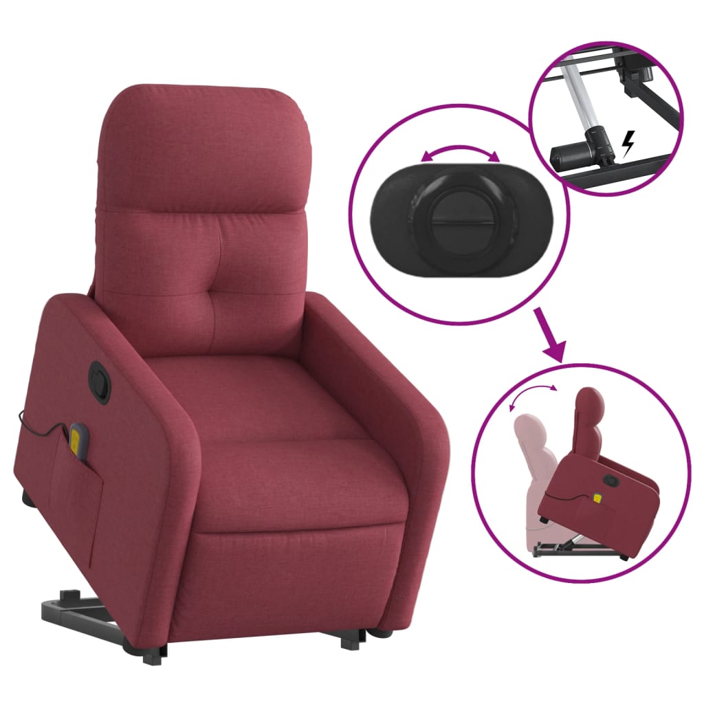 vidaXL Poltrona de massagens reclin. elevatória tecido vermelho tinto