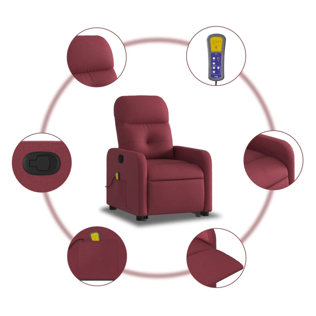 vidaXL Poltrona de massagens reclin. elevatória tecido vermelho tinto