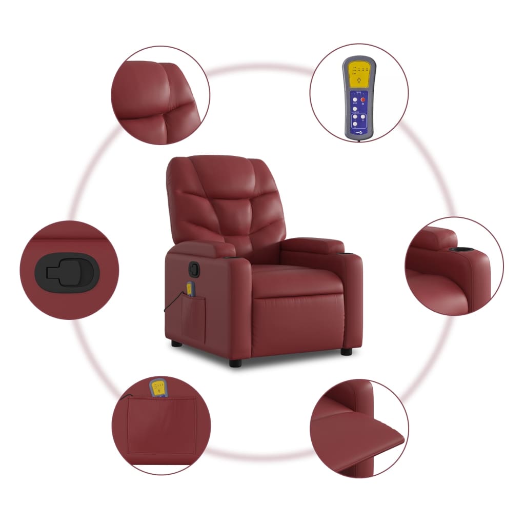 vidaXL Poltrona massagens reclinável couro artificial vermelho tinto