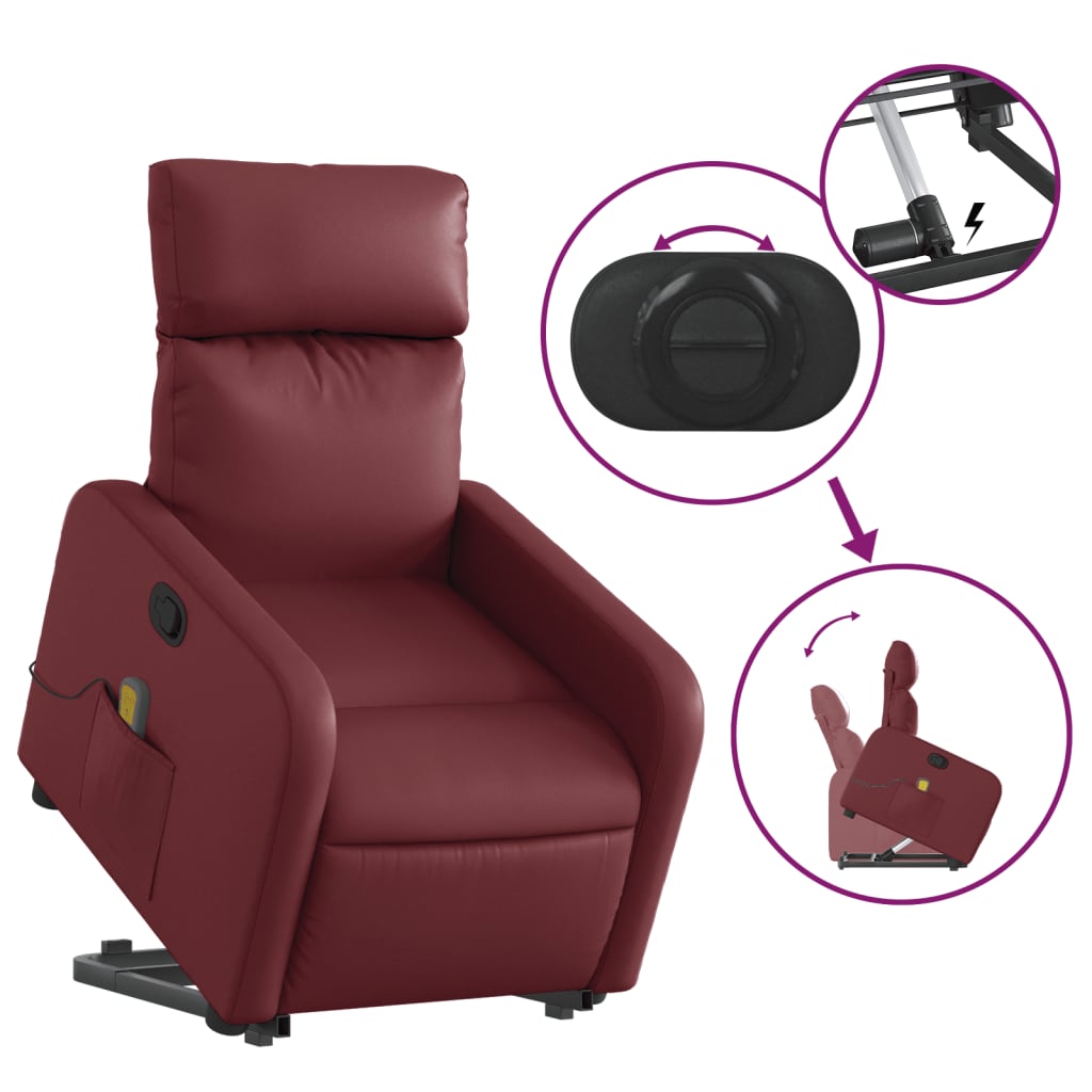 vidaXL Poltrona massagens reclinável couro artificial vermelho tinto