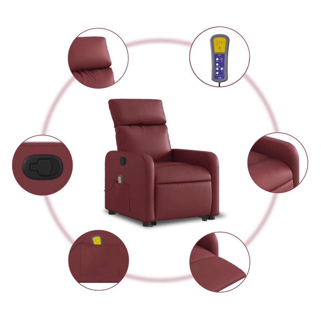 vidaXL Poltrona massagens reclinável couro artificial vermelho tinto