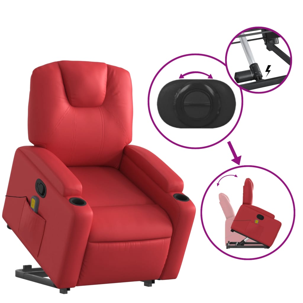 vidaXL Poltrona massagens reclinável elevatória couro artif. vermelho