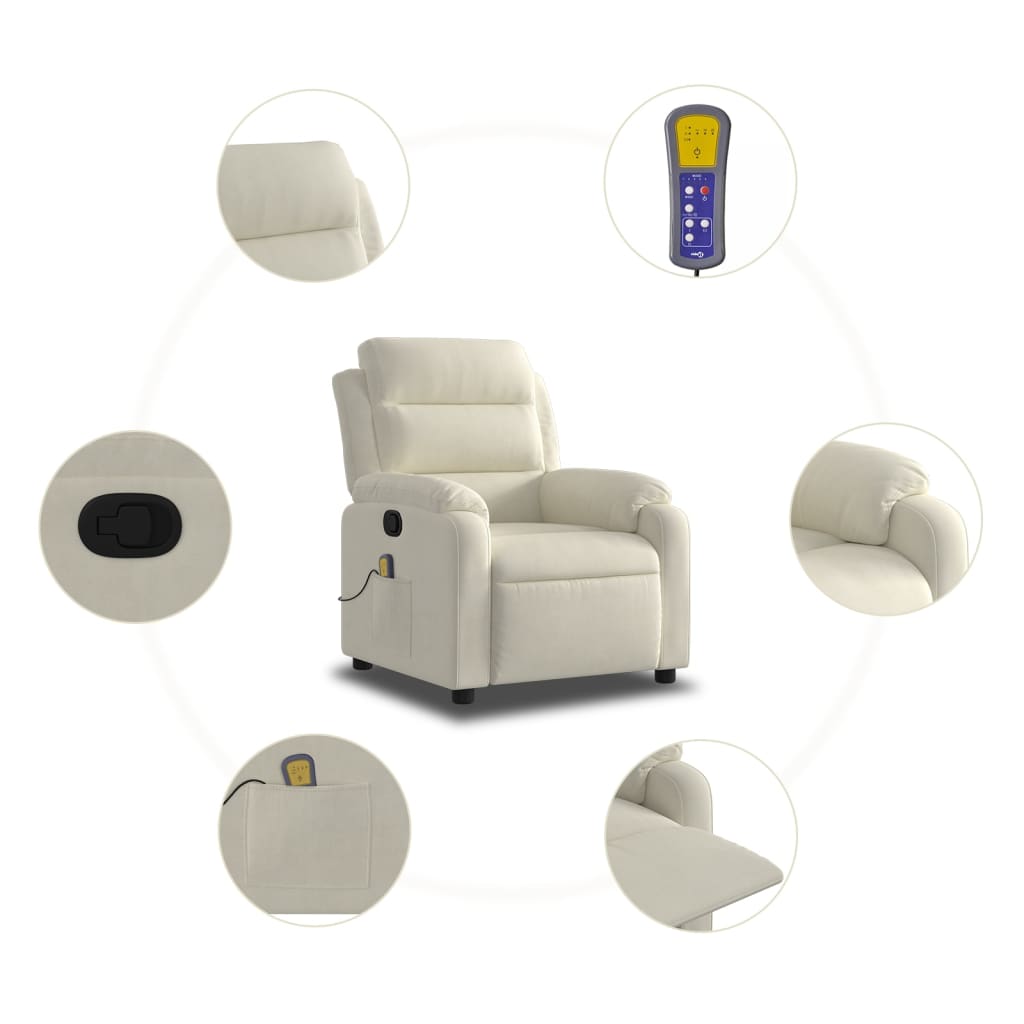 vidaXL Poltrona de massagens reclinável veludo cor creme