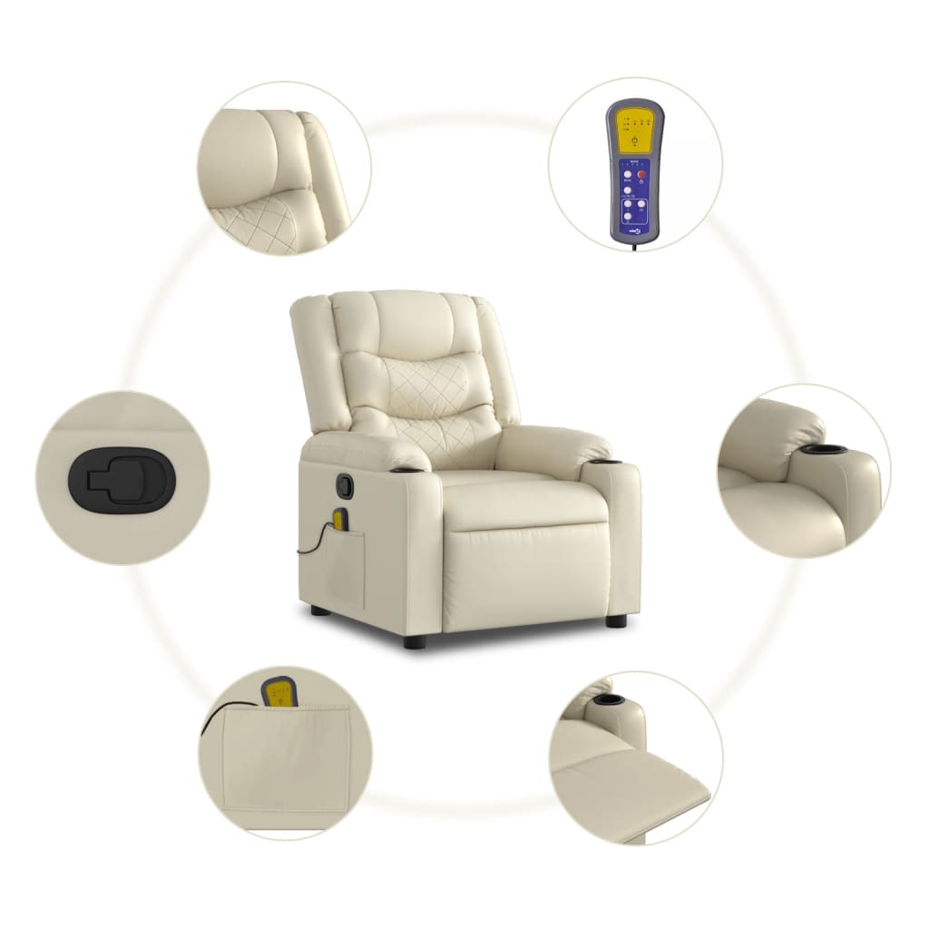 vidaXL Poltrona de massagens reclinável couro artificial cor creme