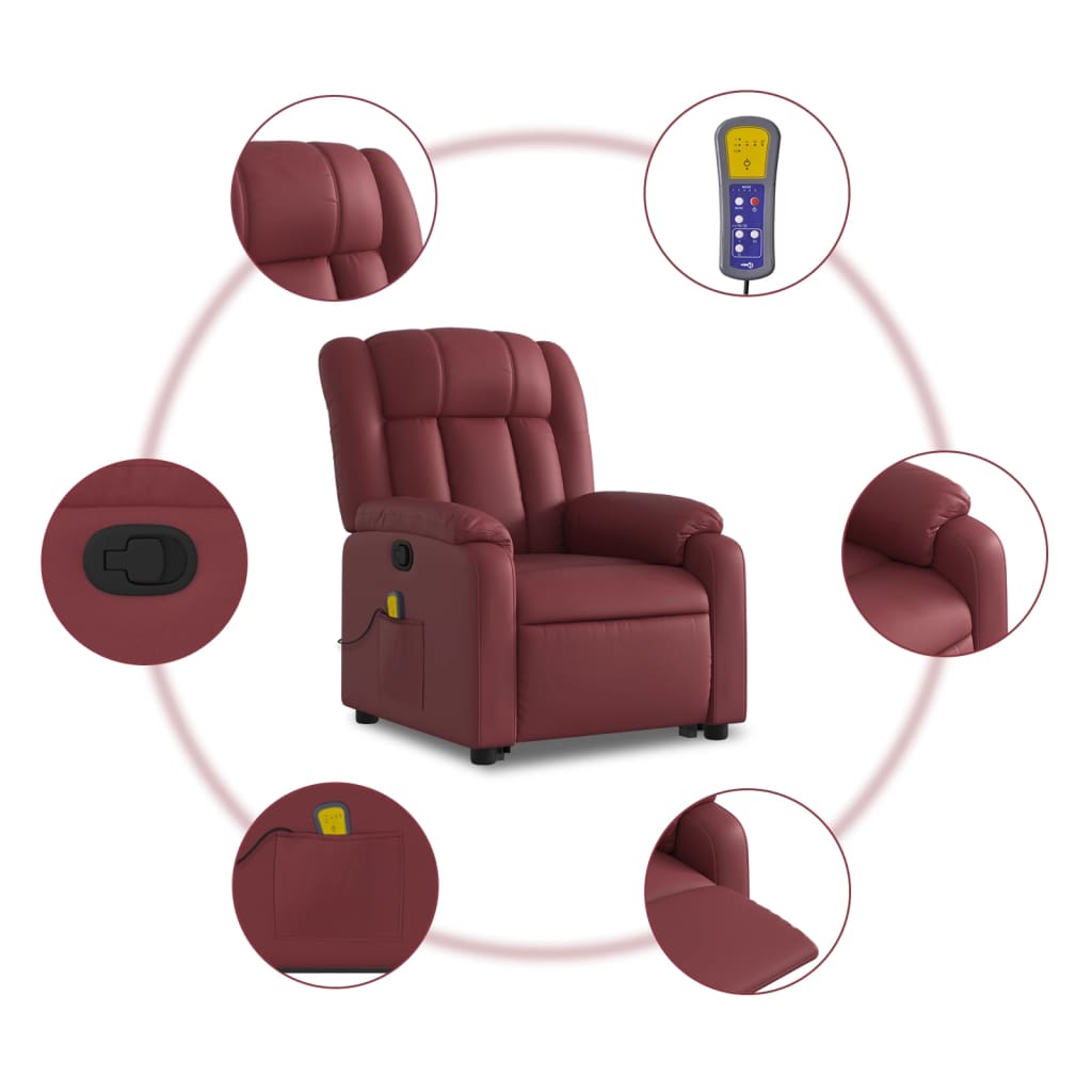 vidaXL Poltrona massagens reclinável couro artificial vermelho tinto