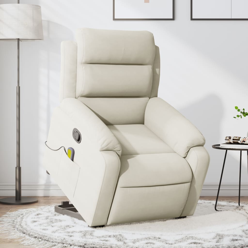 vidaXL Poltrona elevatória de massagens veludo cor creme