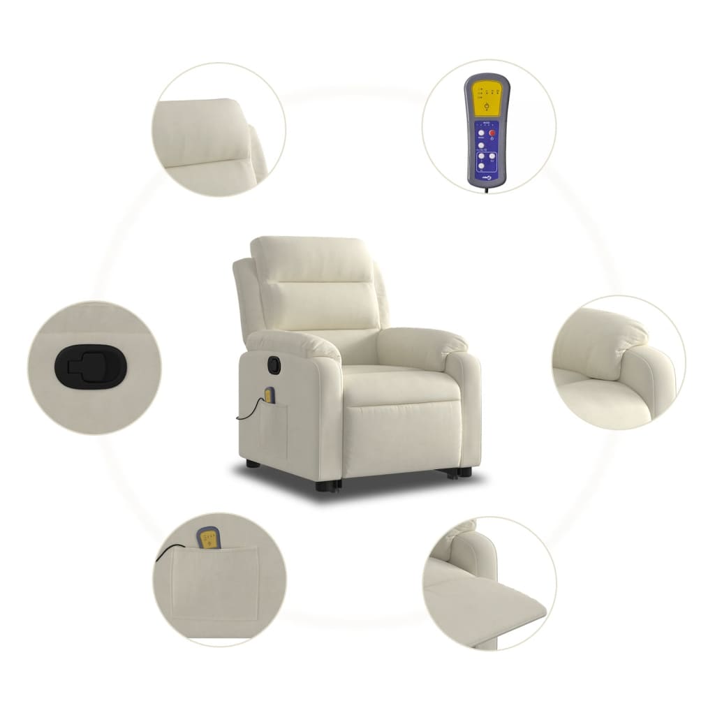 vidaXL Poltrona elevatória de massagens veludo cor creme