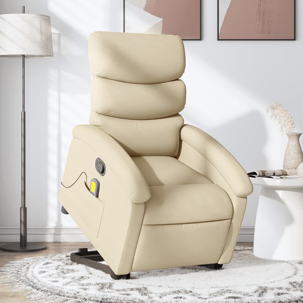 vidaXL Poltrona elevatória de massagens tecido cor creme