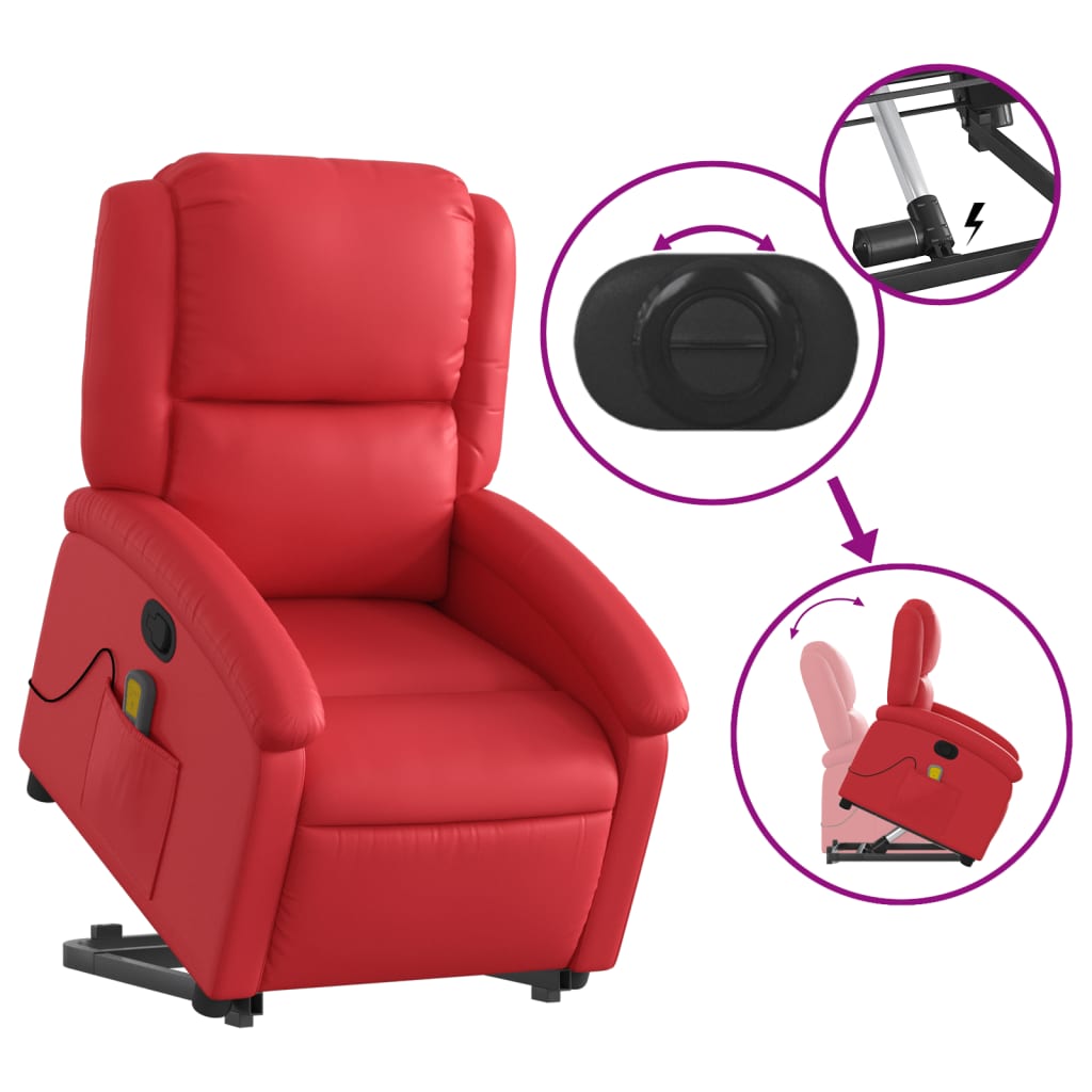 vidaXL Poltrona massagens reclinável elevatória couro artif. vermelho