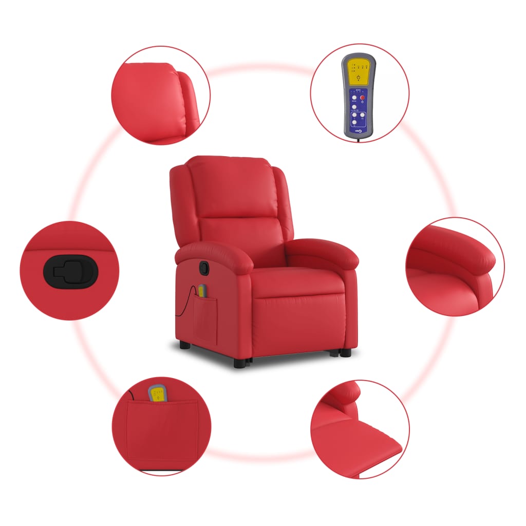 vidaXL Poltrona massagens reclinável elevatória couro artif. vermelho