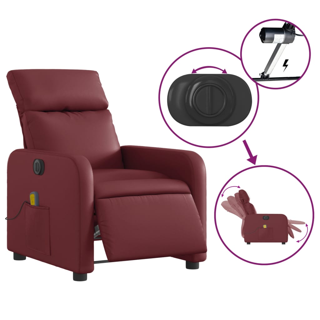 vidaXL Poltrona massagens reclin. elétrica couro artif. vermelho-tinto