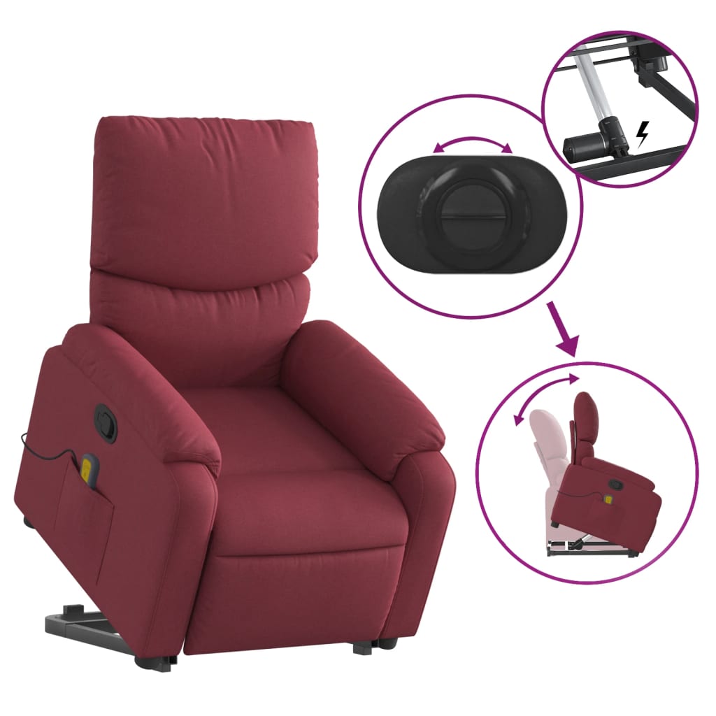 vidaXL Poltrona de massagens reclin. elevatória tecido vermelho tinto