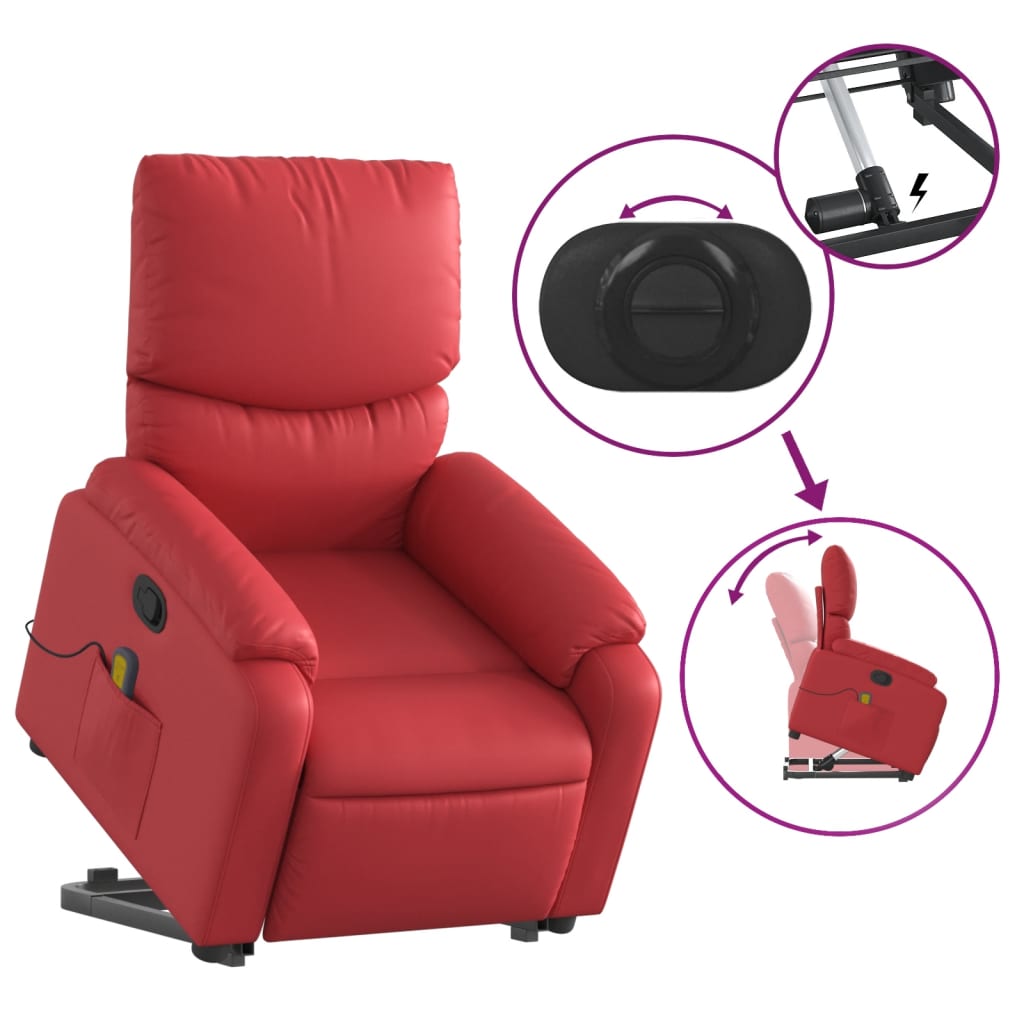 vidaXL Poltrona massagens reclinável elevatória couro artif. vermelho