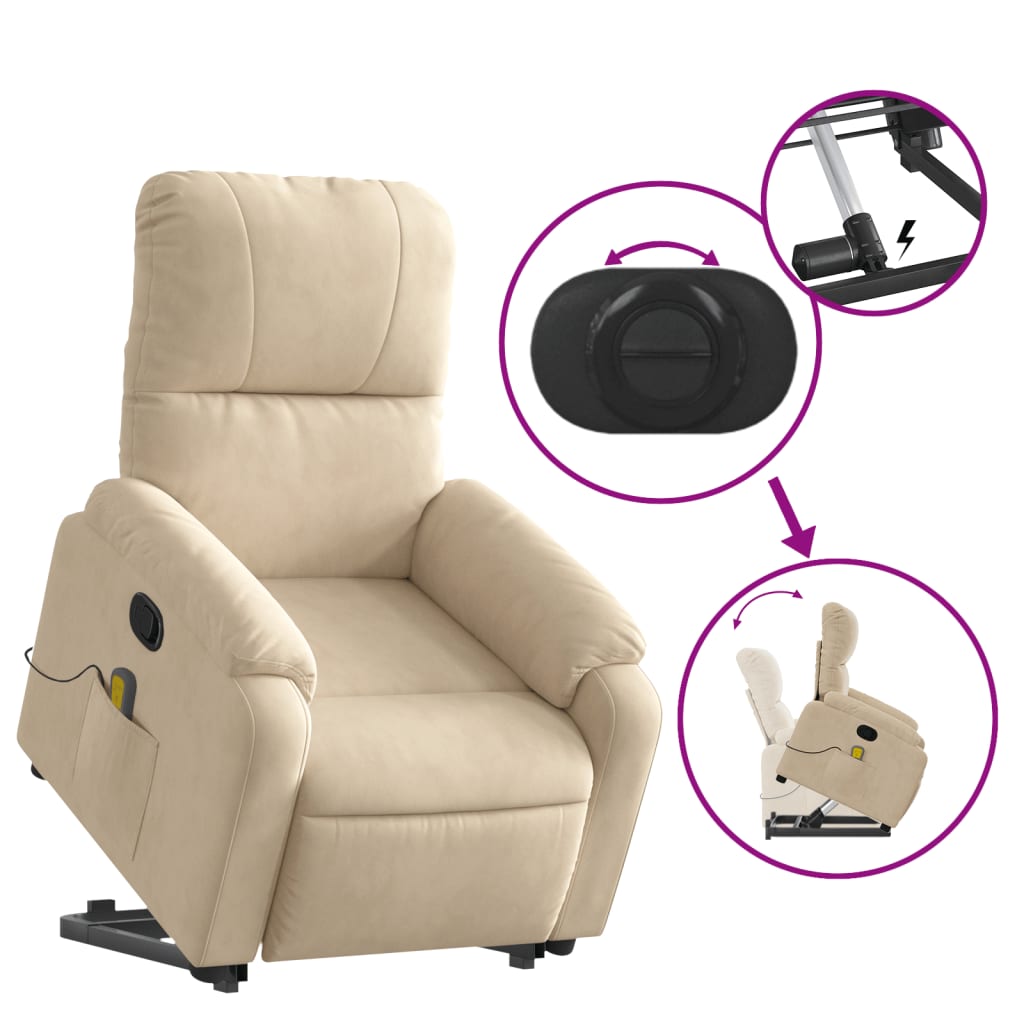 vidaXL Poltrona massagens reclinável elevatória microfibra cor creme